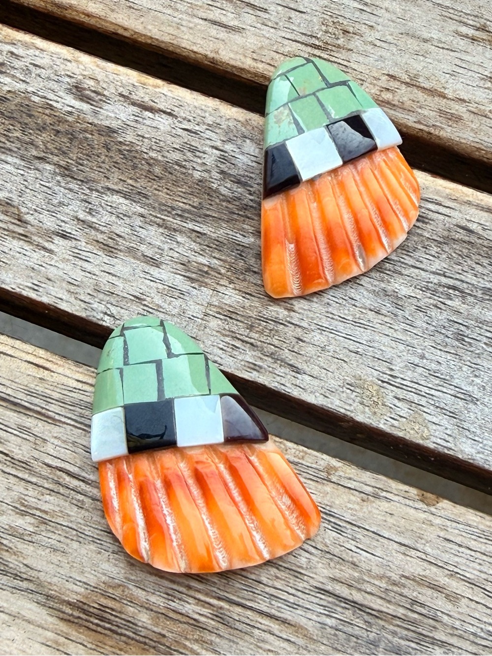 Vintage mosaic spiny oyster - turquoise- abalone shell earrings